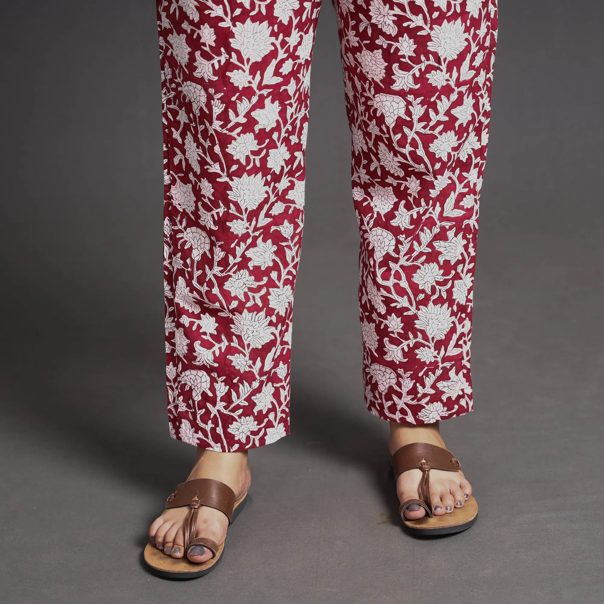 Maroon - Sanganeri Block Printed Cotton Elasticated Palazzo