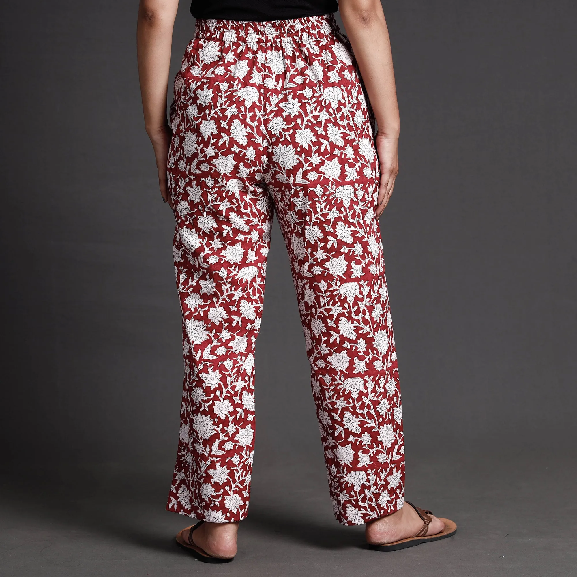 Maroon - Sanganeri Block Printed Cotton Elasticated Palazzo