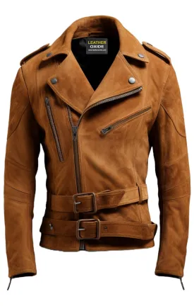 Men Double Belted Suede Leather Jacket
