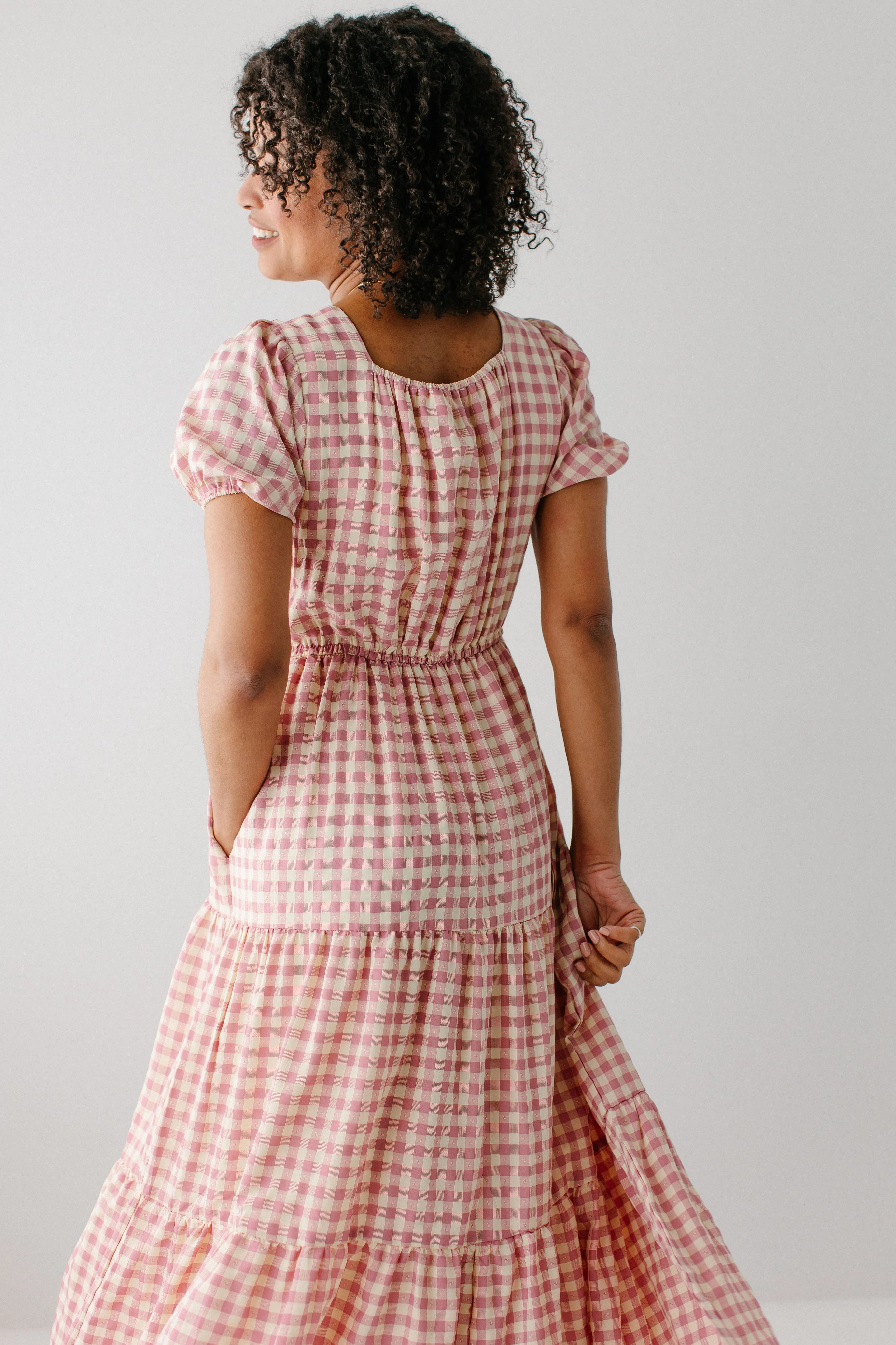 'Peggy' Square Neck Button Down Gingham Dress in Blush