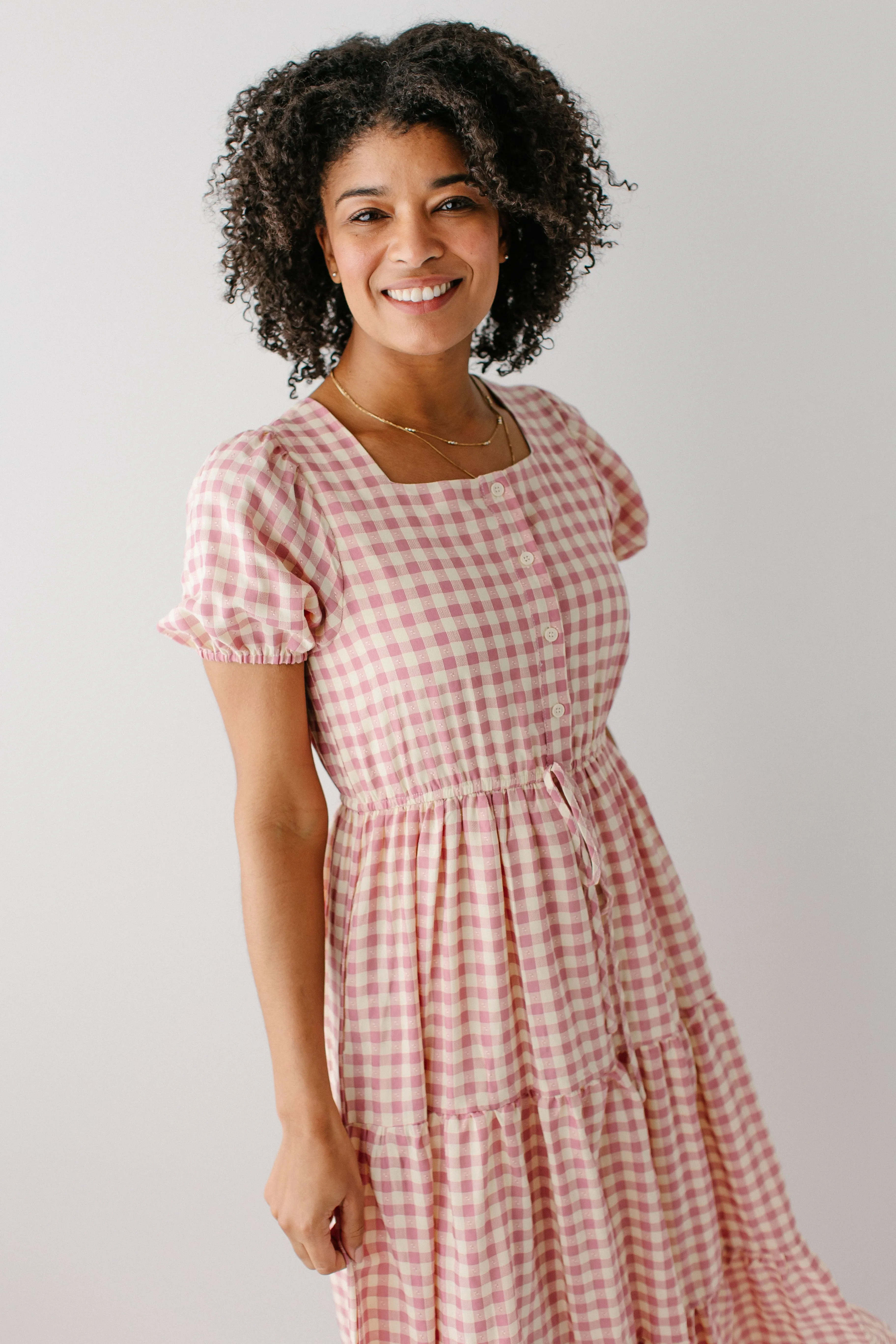 'Peggy' Square Neck Button Down Gingham Dress in Blush