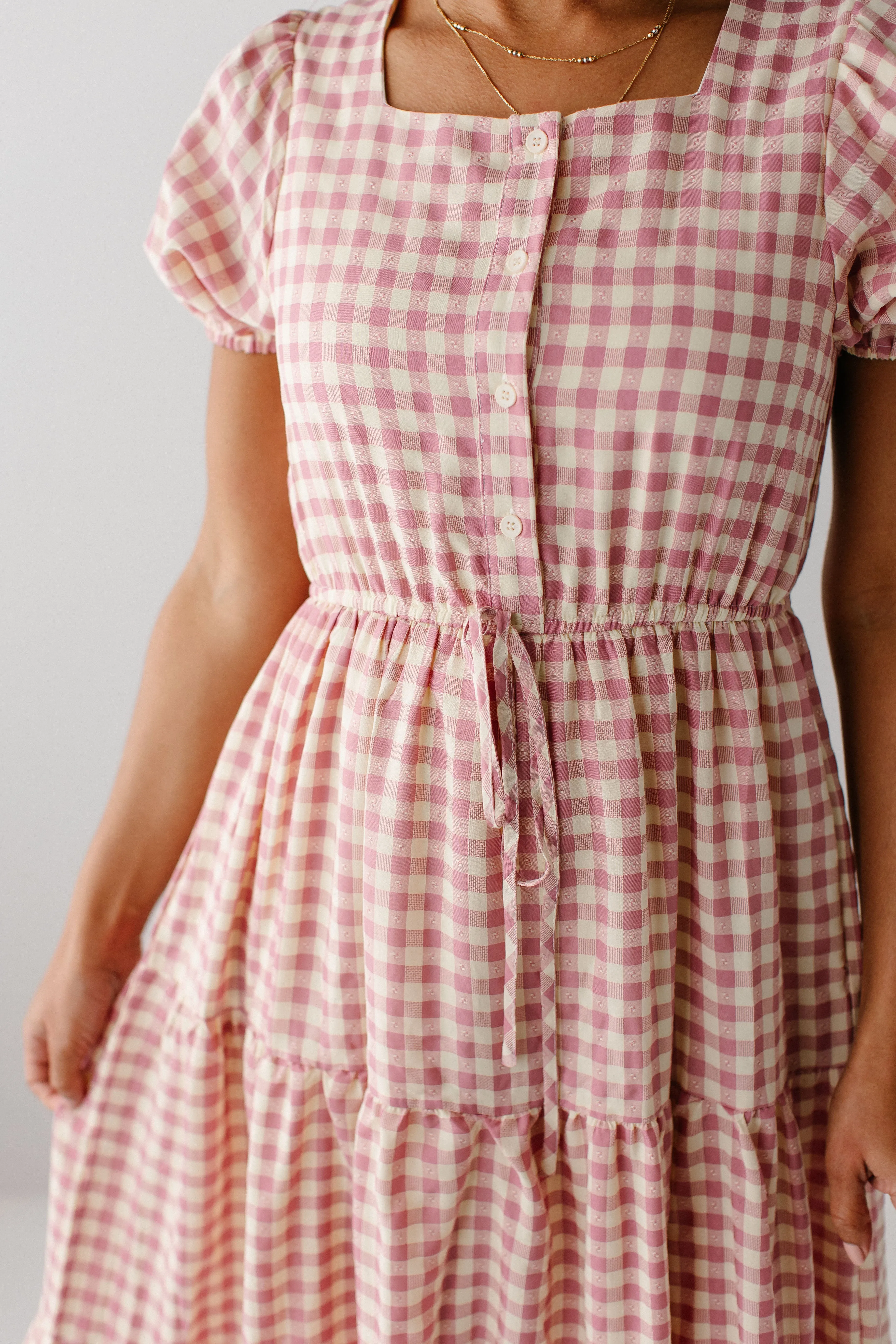 'Peggy' Square Neck Button Down Gingham Dress in Blush