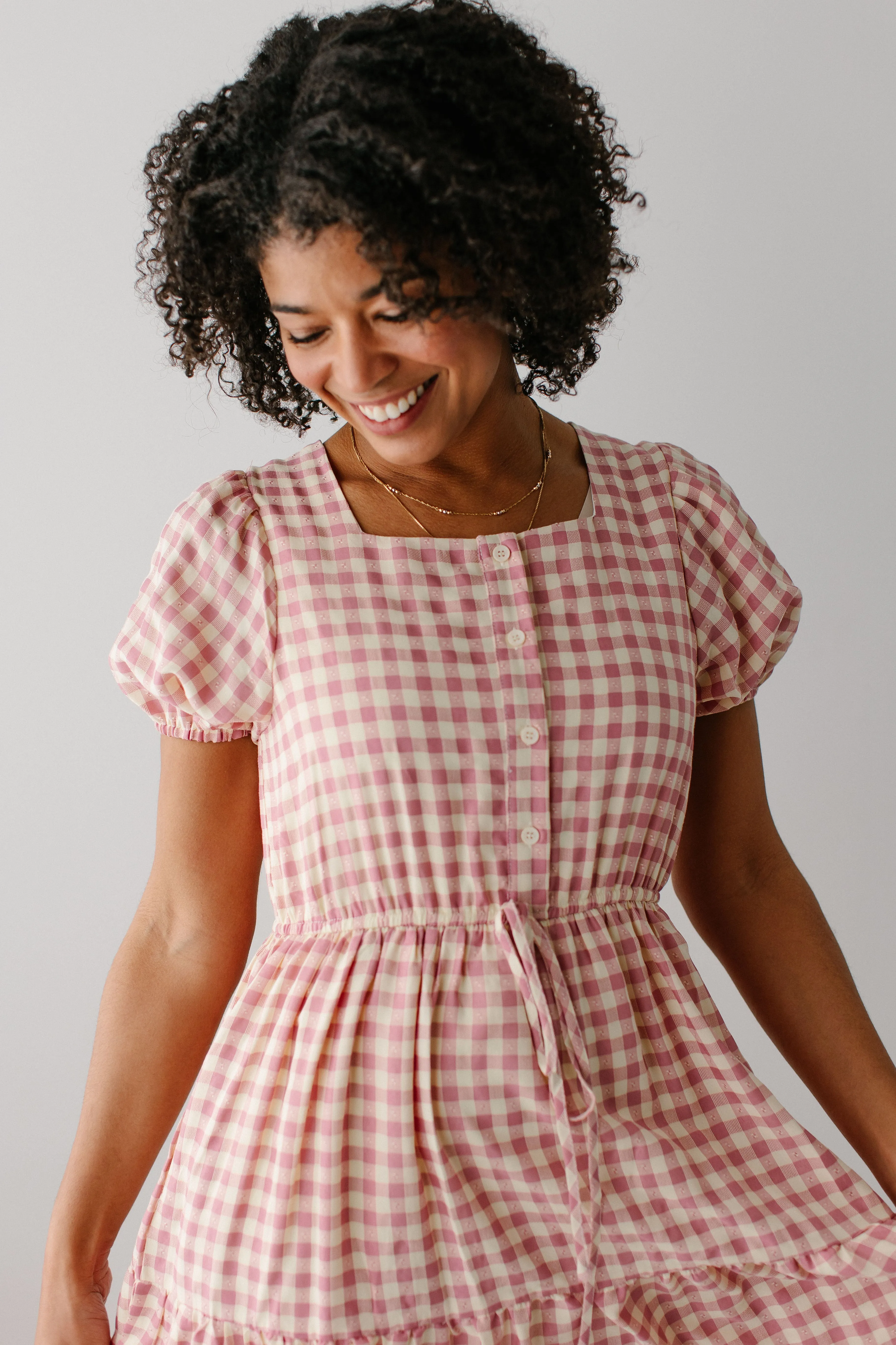 'Peggy' Square Neck Button Down Gingham Dress in Blush