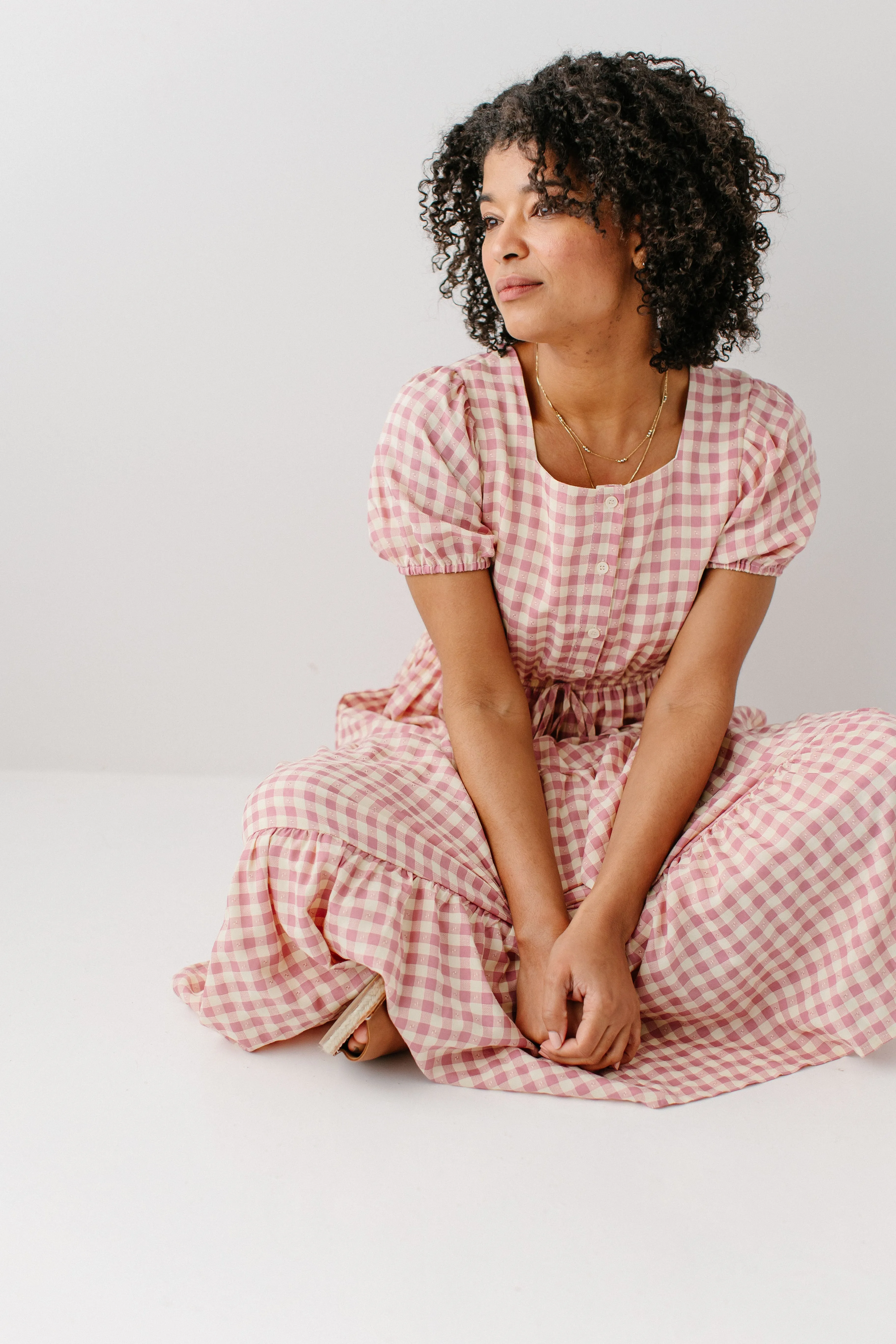 'Peggy' Square Neck Button Down Gingham Dress in Blush