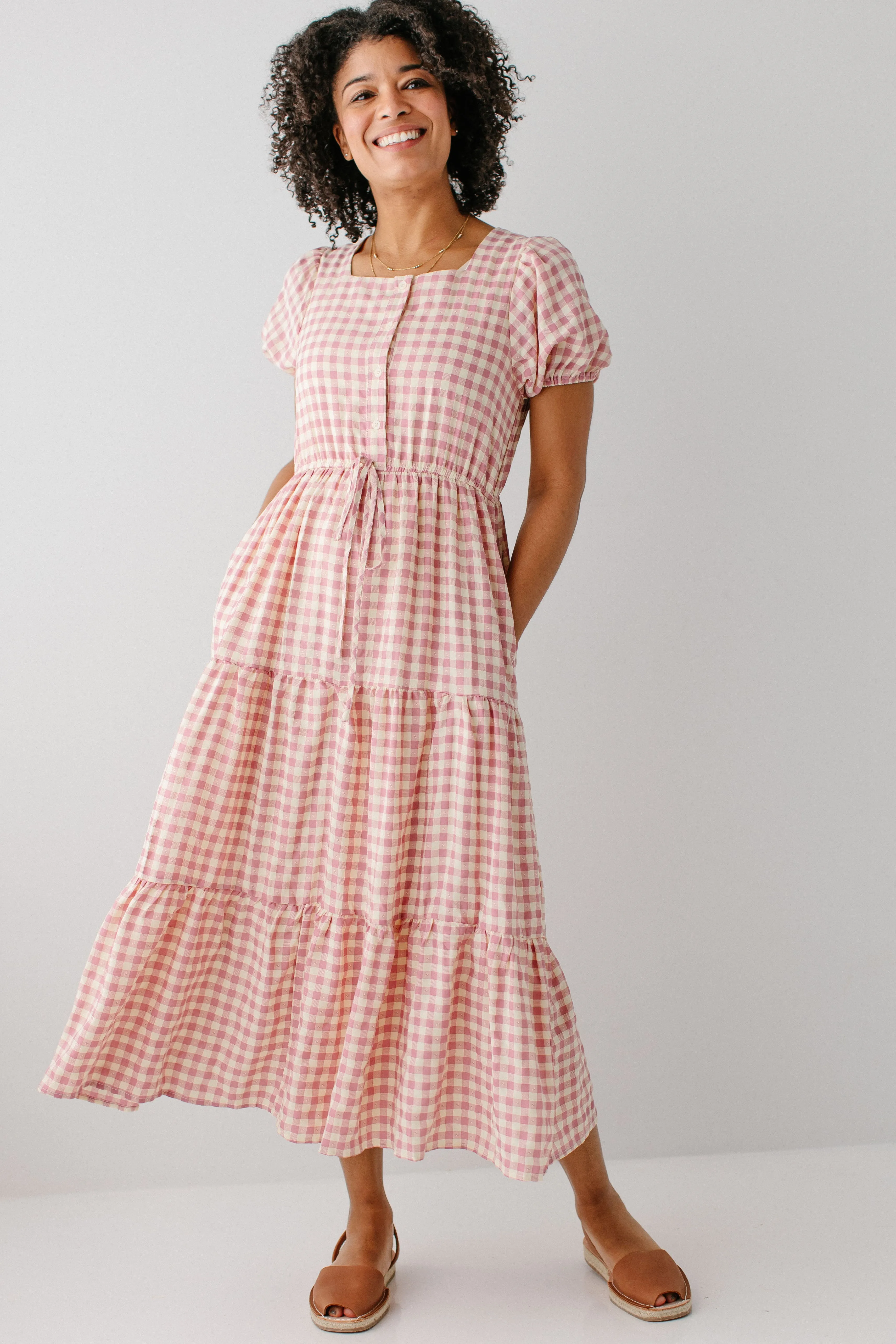 'Peggy' Square Neck Button Down Gingham Dress in Blush