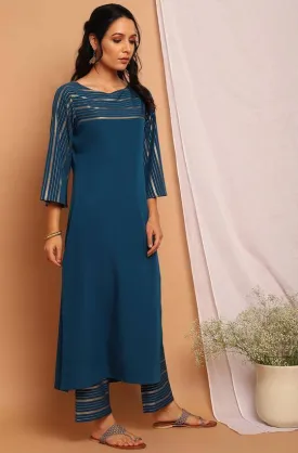 Poly Crepe Blue Kurta Palazzo Set