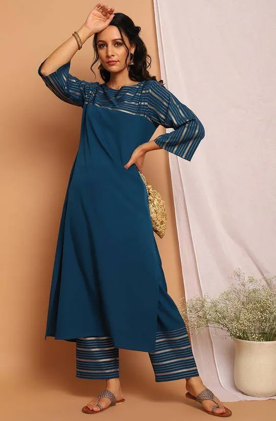 Poly Crepe Blue Kurta Palazzo Set