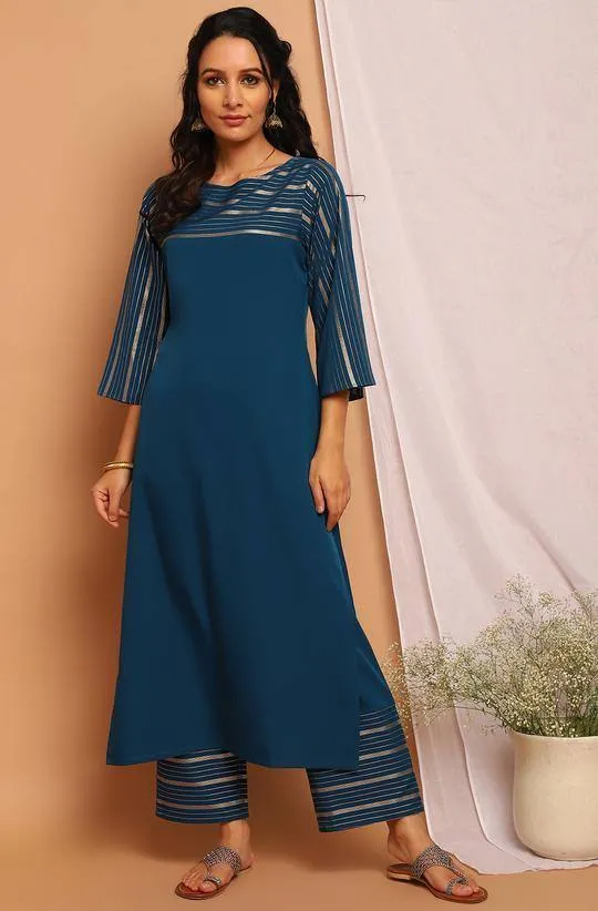 Poly Crepe Blue Kurta Palazzo Set