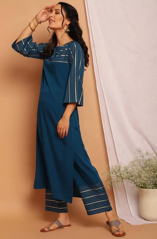 Poly Crepe Blue Kurta Palazzo Set