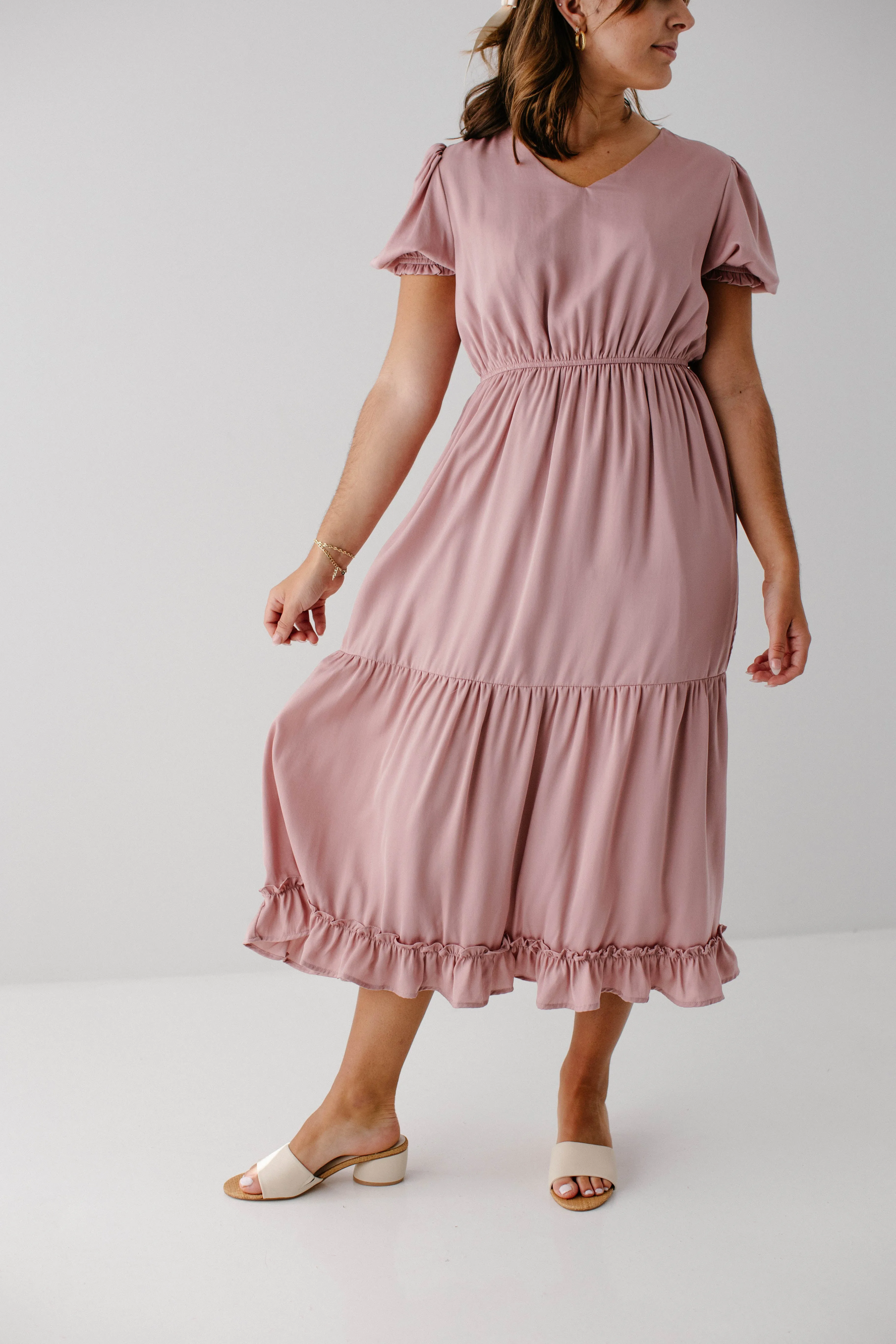 'Serene' Washed Satin Ruffle Midi Dress in Blush FINAL SALE