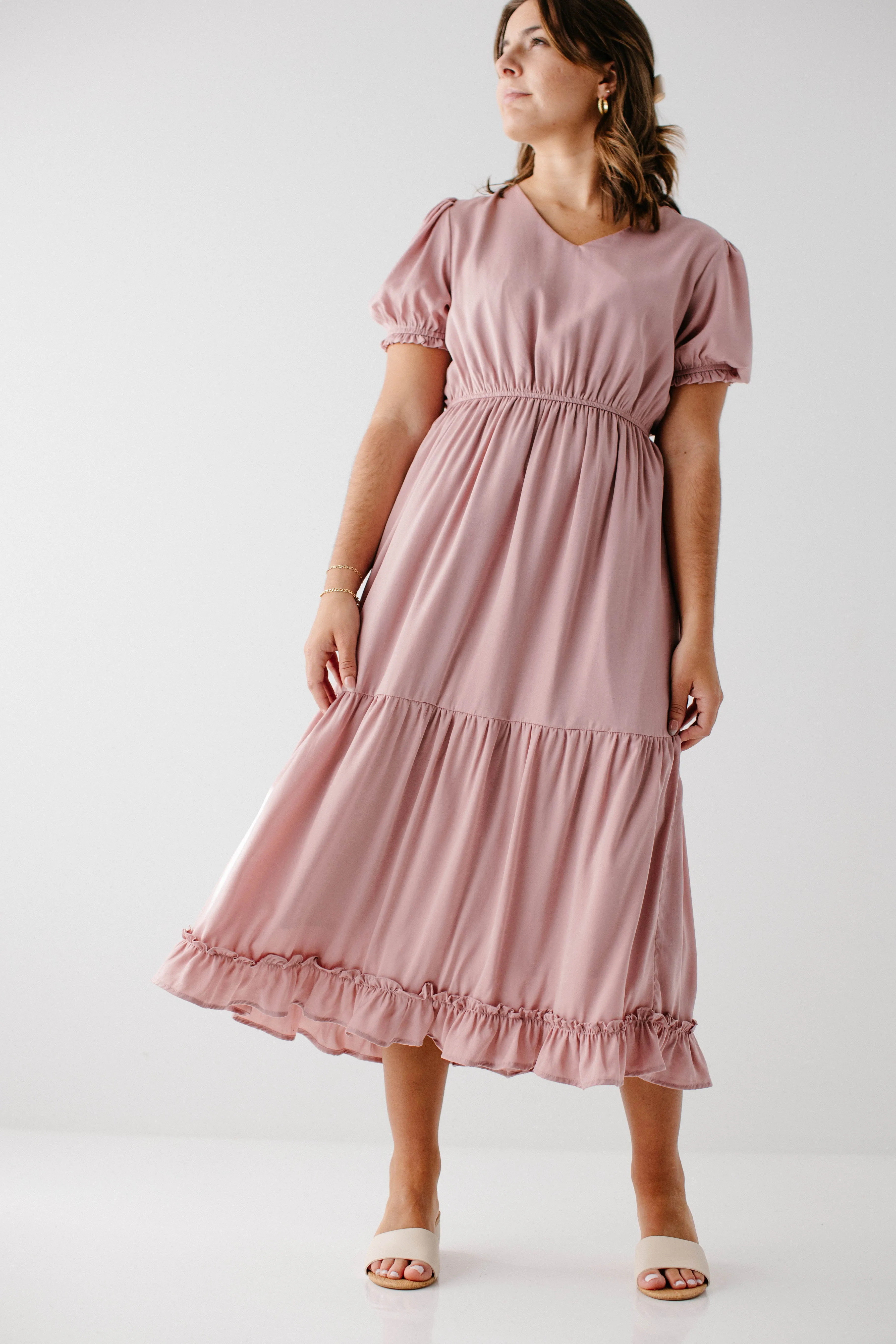 'Serene' Washed Satin Ruffle Midi Dress in Blush FINAL SALE