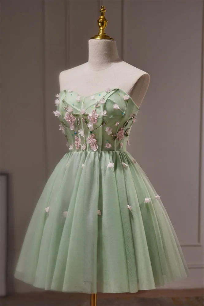 Sweetheart Green Tulle A-line Short Dress with 3D Flowers