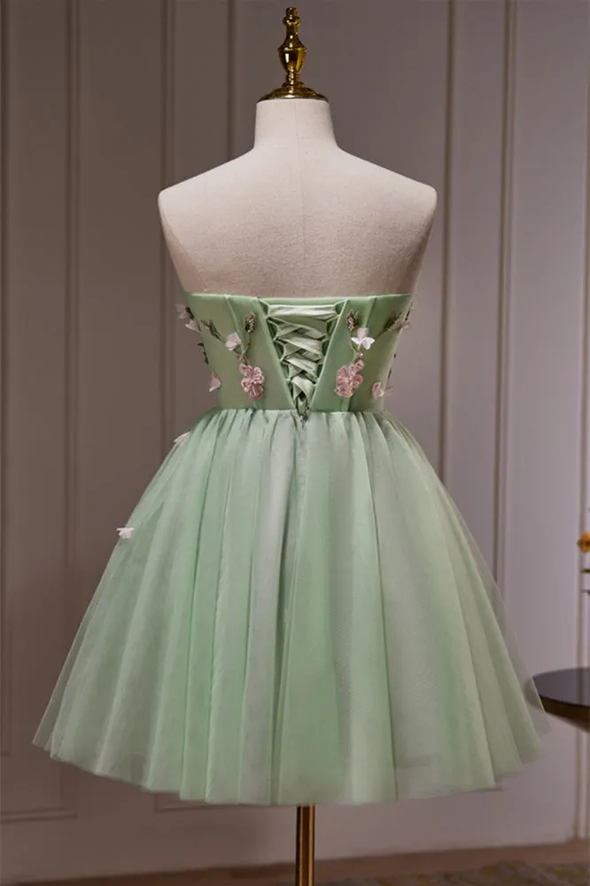 Sweetheart Green Tulle A-line Short Dress with 3D Flowers