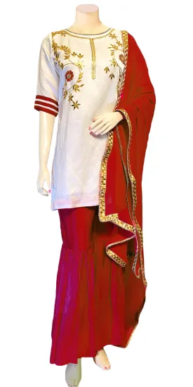 White & Maroon Color Hand embroidered Kurti & Gharara Palazzo Pant with Dupatta set