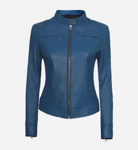 Women’s Blue Cafe Racer Leather Jacket