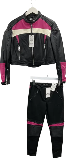 ZARA Black Faux Leather Biker Jacket And Trouser Set With Contrasting Panels UK M